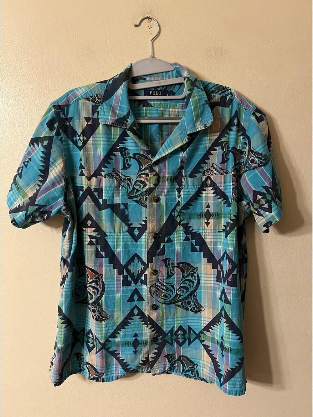 Polo Ralph Lauren Men’s Camp Shirt Blue Aztec Tribal Fish Hawaiian Size L
